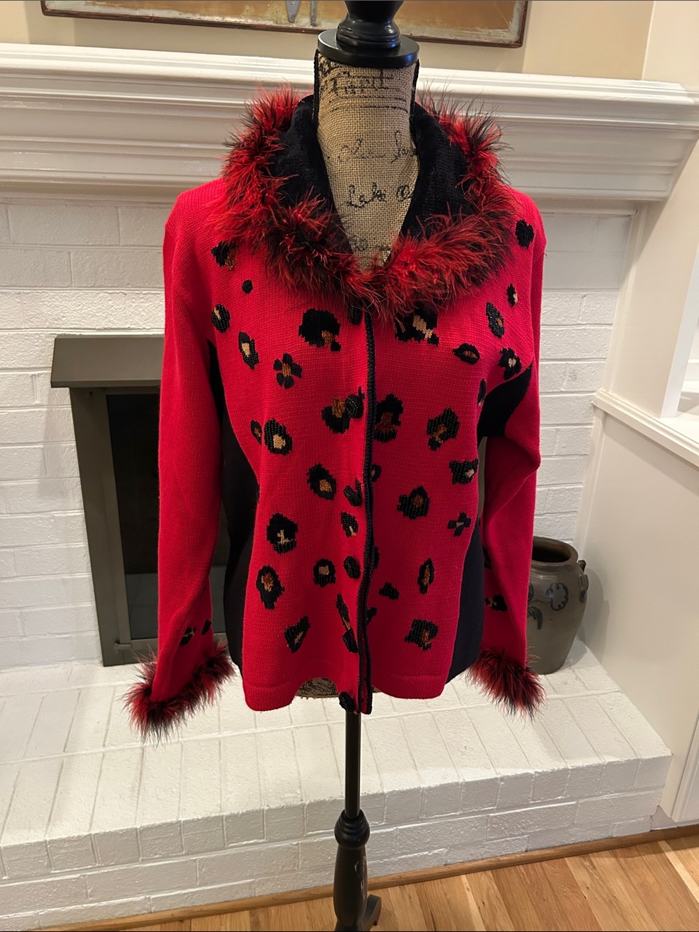 berek Red and Black Faux-Fur Trim Leopard-Print Zip Jacket